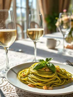 Histamingeprüfter Goldmuskateller passt gut zur Pasta Histamingeprüfter Goldmuskateller passt gut zur Pasta
